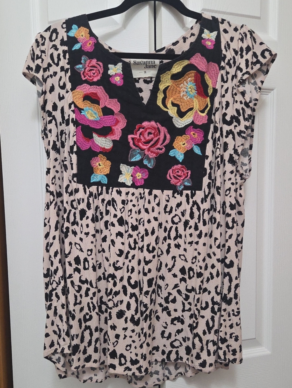 Savanna Jane Black Yoke Leopard Print Top with Multicolor Floral Embroidery